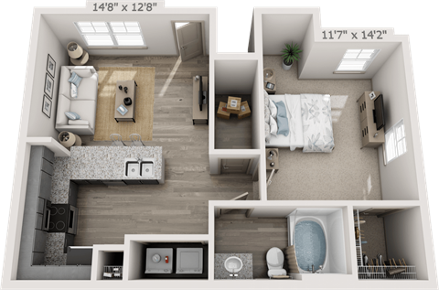 Floor plan for 1 bed, 1 bath, 660 sqft