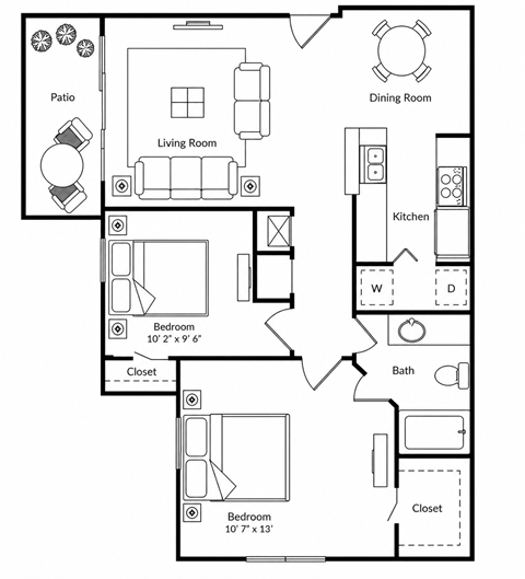 Floor plan for 2 beds, 1 bath, 820 sqft