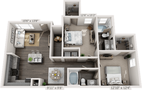 Floor plan for 2 beds, 2 baths, 1068 sqft
