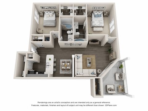 Floor plan for 2 beds, 2 baths, 1130 sqft