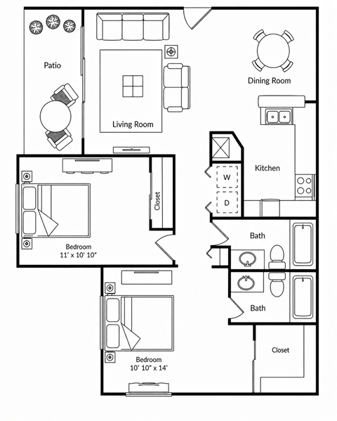 Floor plan for 2 beds, 2 baths, 900 sqft