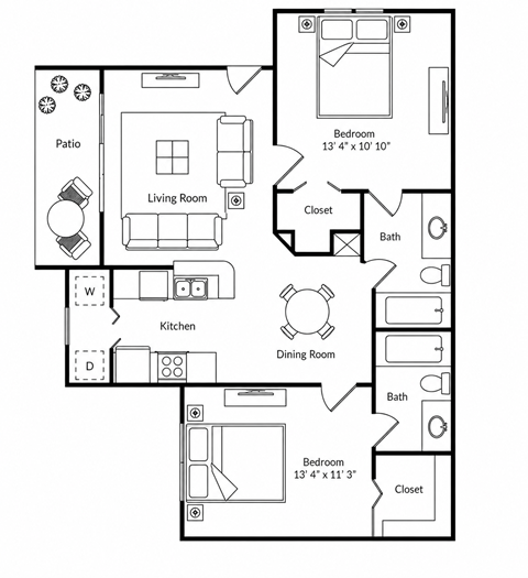 Floor plan for 2 beds, 2 baths, 900 sqft