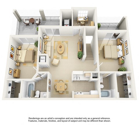 Floor plan for 2 beds, 2 baths, 1344 sqft