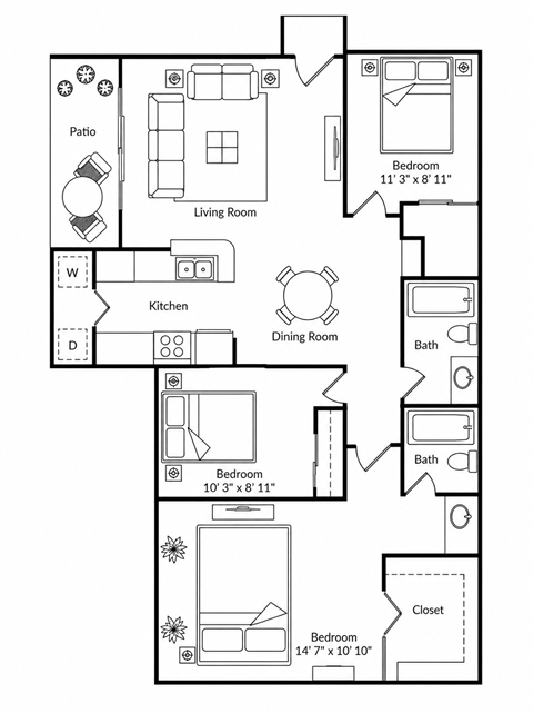 Floor plan for 3 beds, 2 baths, 1065 sqft