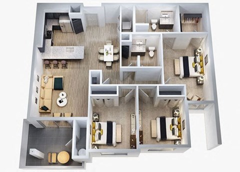 Floor plan for 3 beds, 2 baths, 1360 sqft