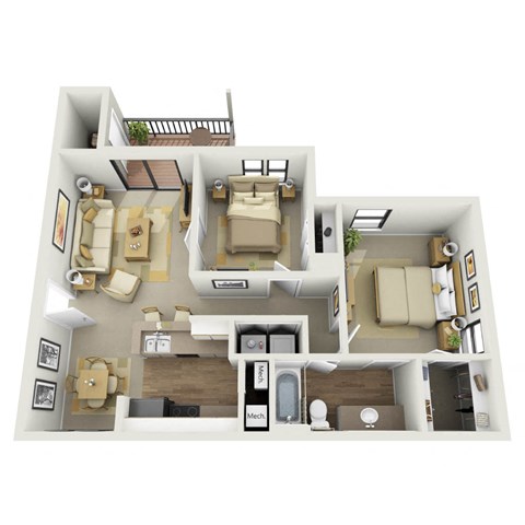Floor plan for 2 beds, 1 bath, 950 sqft
