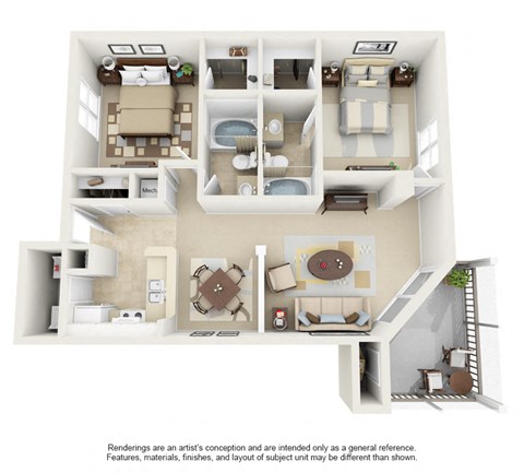 Floor plan for 2 beds, 2 baths, 1100 sqft
