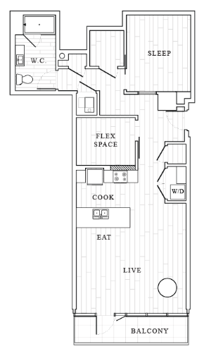 Floor plan for 1 bed, 1 bath, 990 sqft