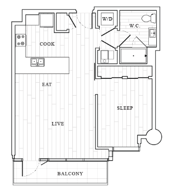 Floor plan for 1 bed, 1 bath, 747 sqft