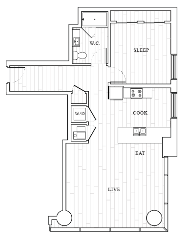 Floor plan for 1 bed, 1 bath, 995 sqft