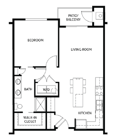 Floor plan for 1 bed, 1 bath, 766 sqft