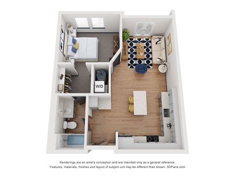 Floor plan for 1 bed, 1 bath, 614 sqft