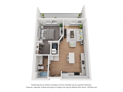 Floor plan for 1 bed, 1 bath, 625 sqft