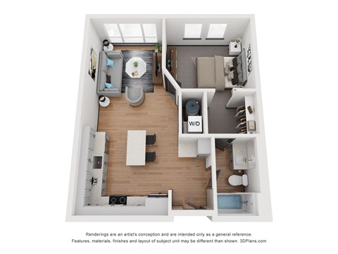 Floor plan for 1 bed, 1 bath, 626 sqft