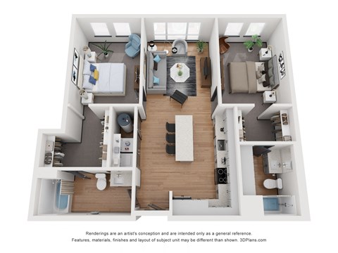 Floor plan for 2 beds, 2 baths, 1025 sqft