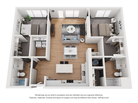 Floor plan for 2 beds, 2 baths, 1162 sqft
