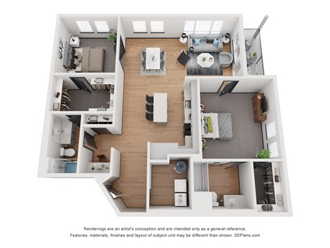 Floor plan for 2 beds, 2 baths, 1298 sqft