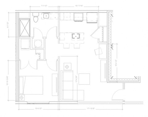 Floor plan for 1 bed, 1 bath, 593 sqft