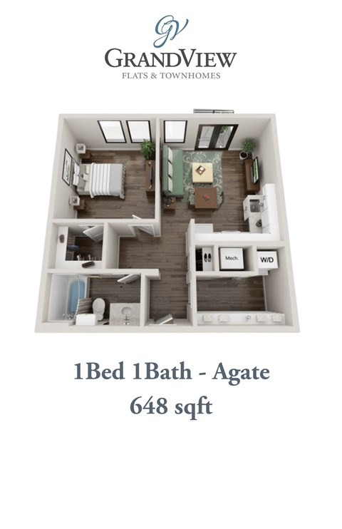 Floor plan for 1 bed, 1 bath, 648 sqft