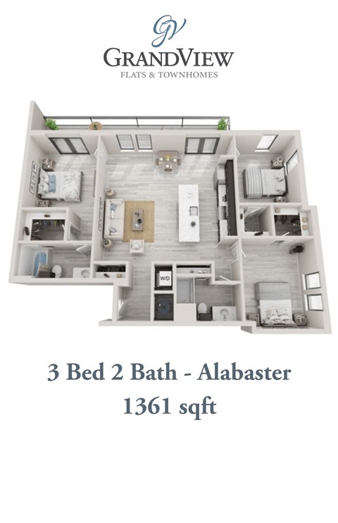 Floor plan for 3 beds, 2 baths, 1361 sqft