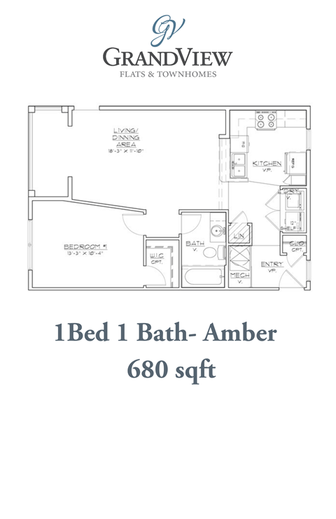 Floor plan for 1 bed, 1 bath, 680 sqft
