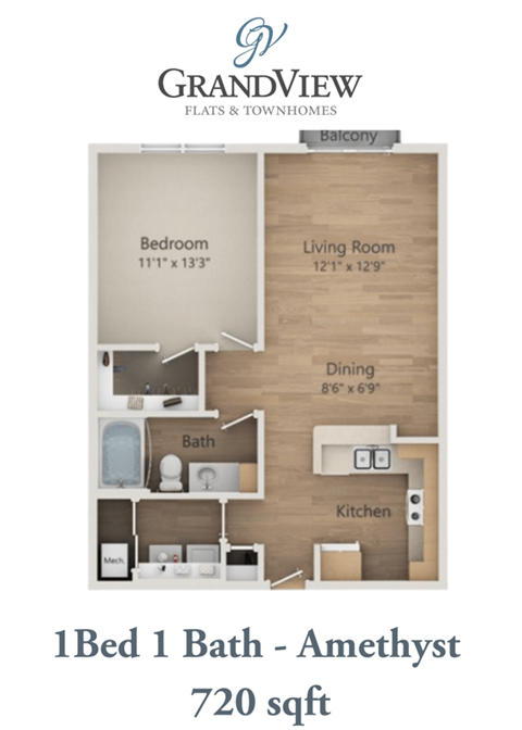 Floor plan for 1 bed, 1 bath, 720 sqft