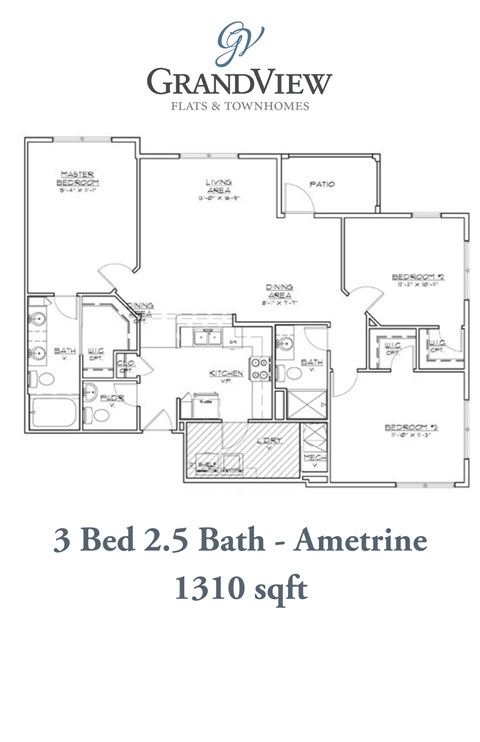 Floor plan for 3 beds, 2.5 baths, 1310 sqft
