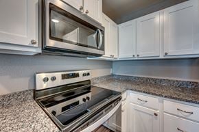 Sedalia apartment for rent - A modern kitchen with a stainless steel oven and microwave above it.