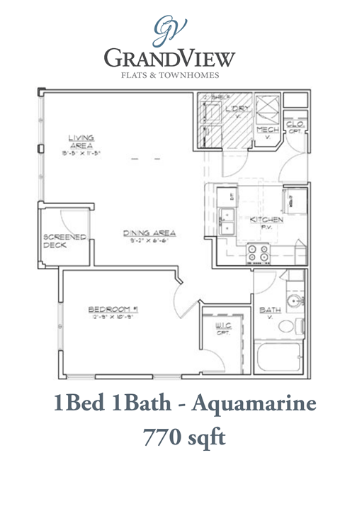 Floor plan for 1 bed, 1 bath, 770 sqft