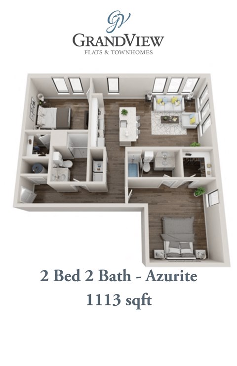 Floor plan for 2 beds, 2 baths, 1113 sqft