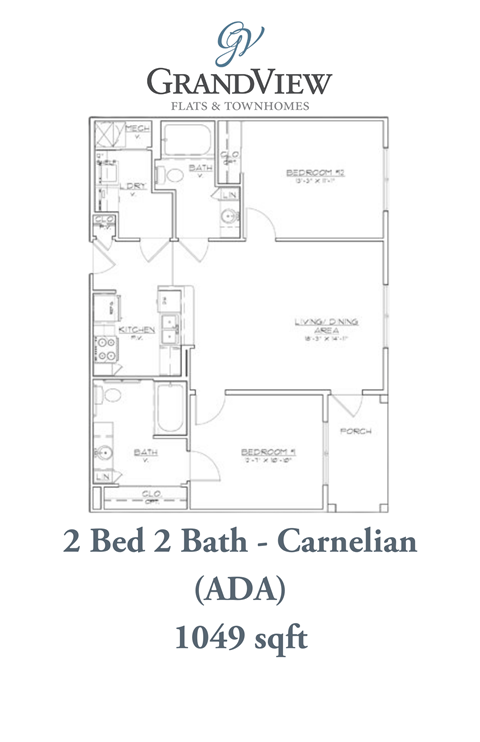 Floor plan for 2 beds, 2 baths, 1049 sqft