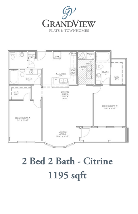 Floor plan for 2 beds, 2 baths, 1195 sqft