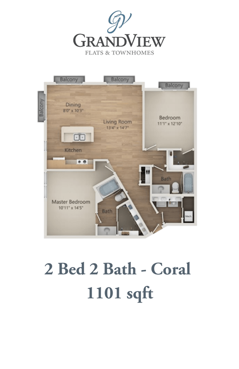 Floor plan for 2 beds, 2 baths, 1101 sqft