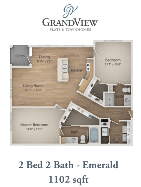Floor plan for 2 beds, 2 baths, 1102 sqft