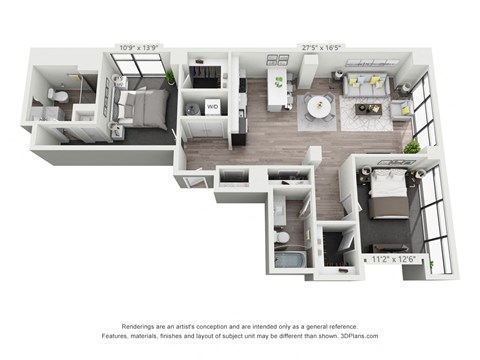 Floor plan for 2 beds, 2 baths, 1136 sqft