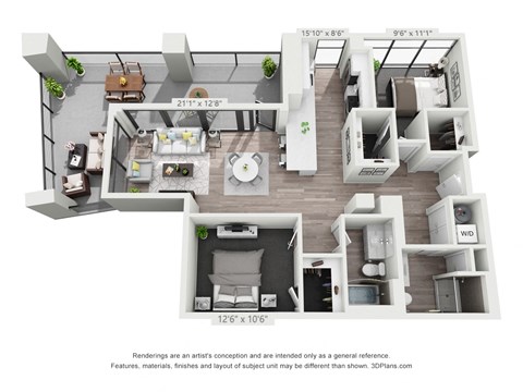 Floor plan for 2 beds, 2 baths, 1077 sqft