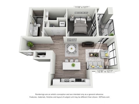 Floor plan for 1 bed, 1 bath, 760 sqft