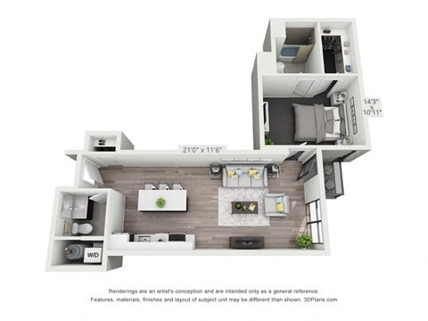 Floor plan for 1 bed, 1 bath, 745 sqft