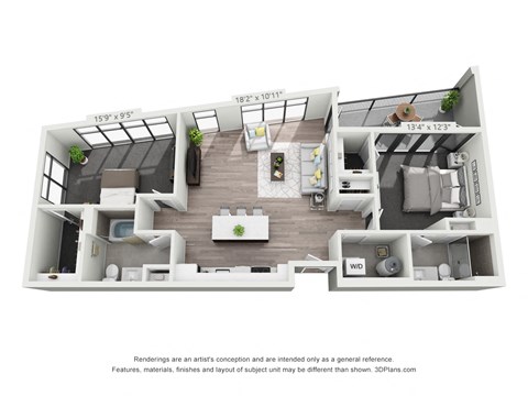 Floor plan for 2 beds, 2 baths, 1043 sqft