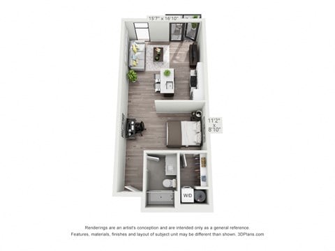Floor plan for studio, 1 bath, 536 sqft