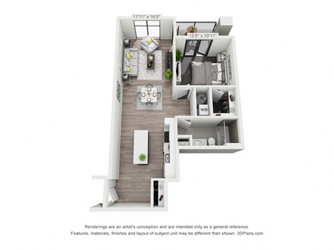Floor plan for 1 bed, 1 bath, 757 sqft