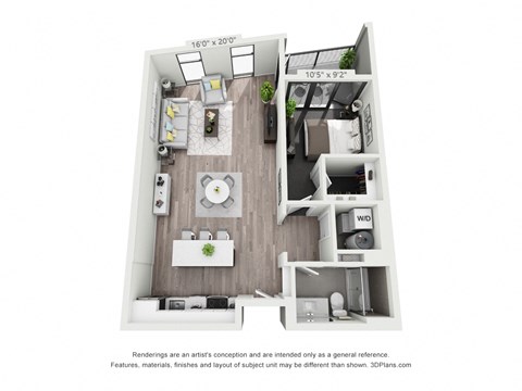 Floor plan for 1 bed, 1 bath, 749 sqft