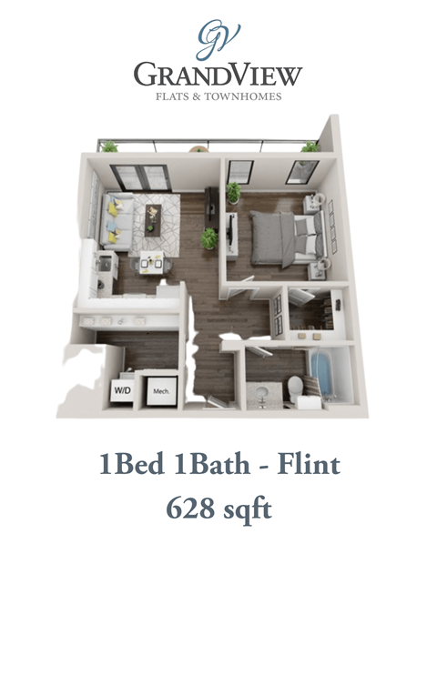 Floor plan for 1 bed, 1 bath, 628 sqft