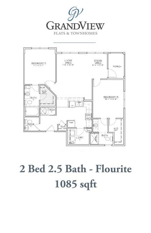 Floor plan for 2 beds, 2.5 baths, 1085 sqft