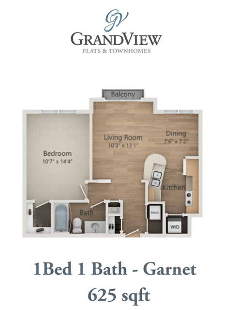 Floor plan for 1 bed, 1 bath, 625 sqft