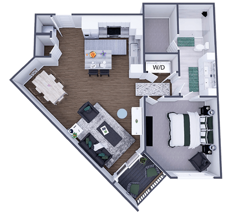 Floor plan for 1 bed, 1 bath, 857 sqft