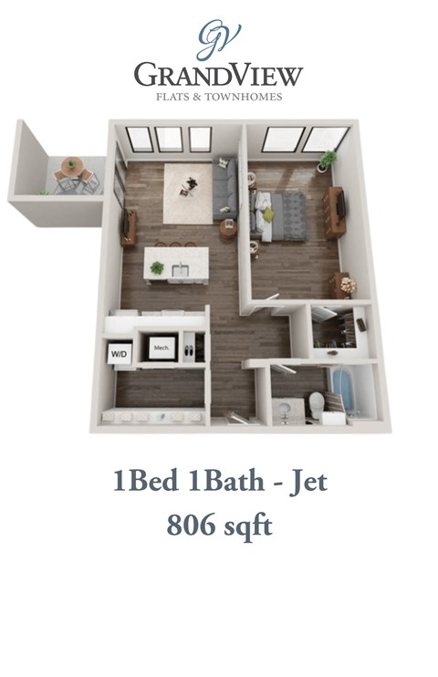 Floor plan for 1 bed, 1 bath, 806 sqft