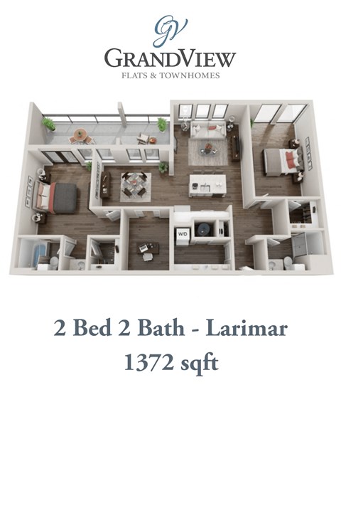 Floor plan for 2 beds, 2 baths, 1372 sqft