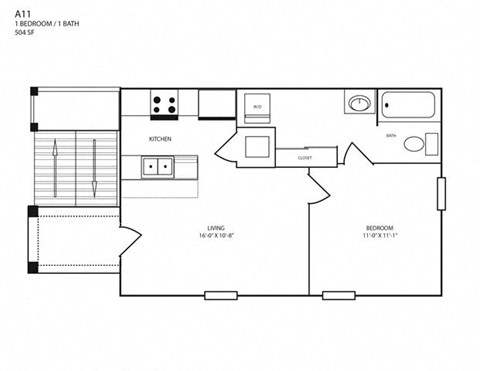 Floor plan for 1 bed, 1 bath, 504 sqft