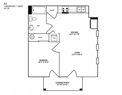 Floor plan for 1 bed, 1 bath, 577 sqft